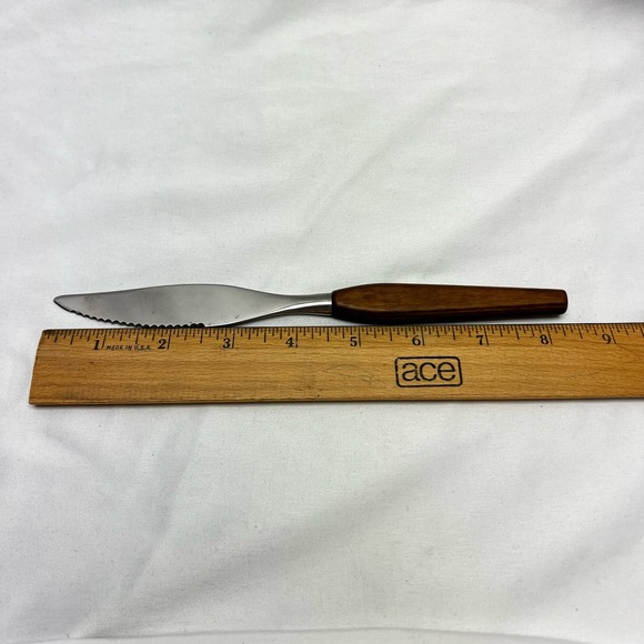 Set Of 5 Vintage Fleetwood Designs Stainless Steak Knives Teak Wood Handles - Picture 6 of 6